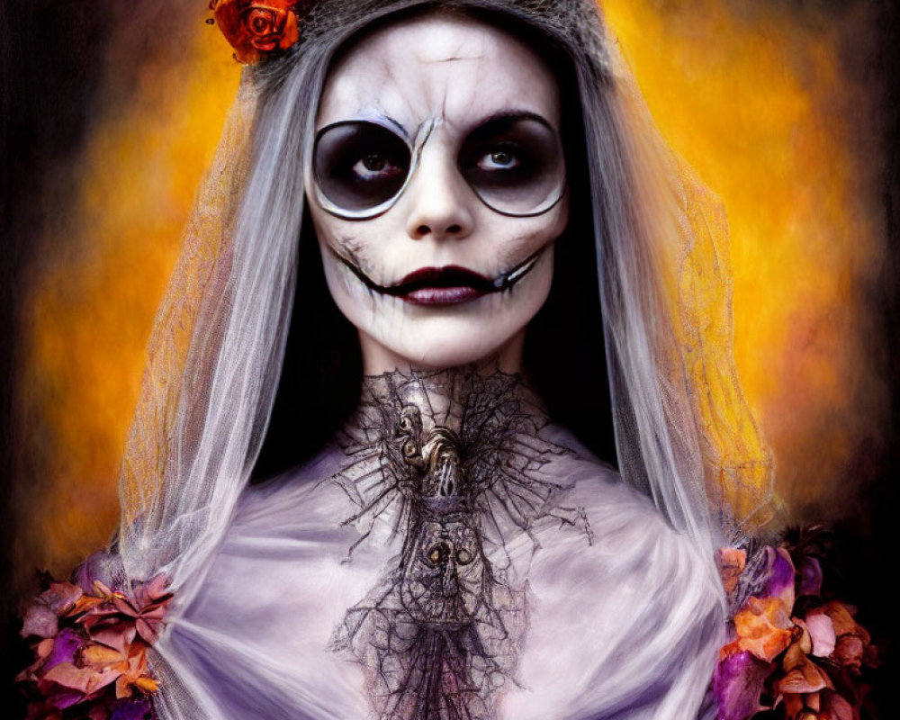 Person with skeletal makeup and veil adorned with orange flowers and leaves on fiery backdrop