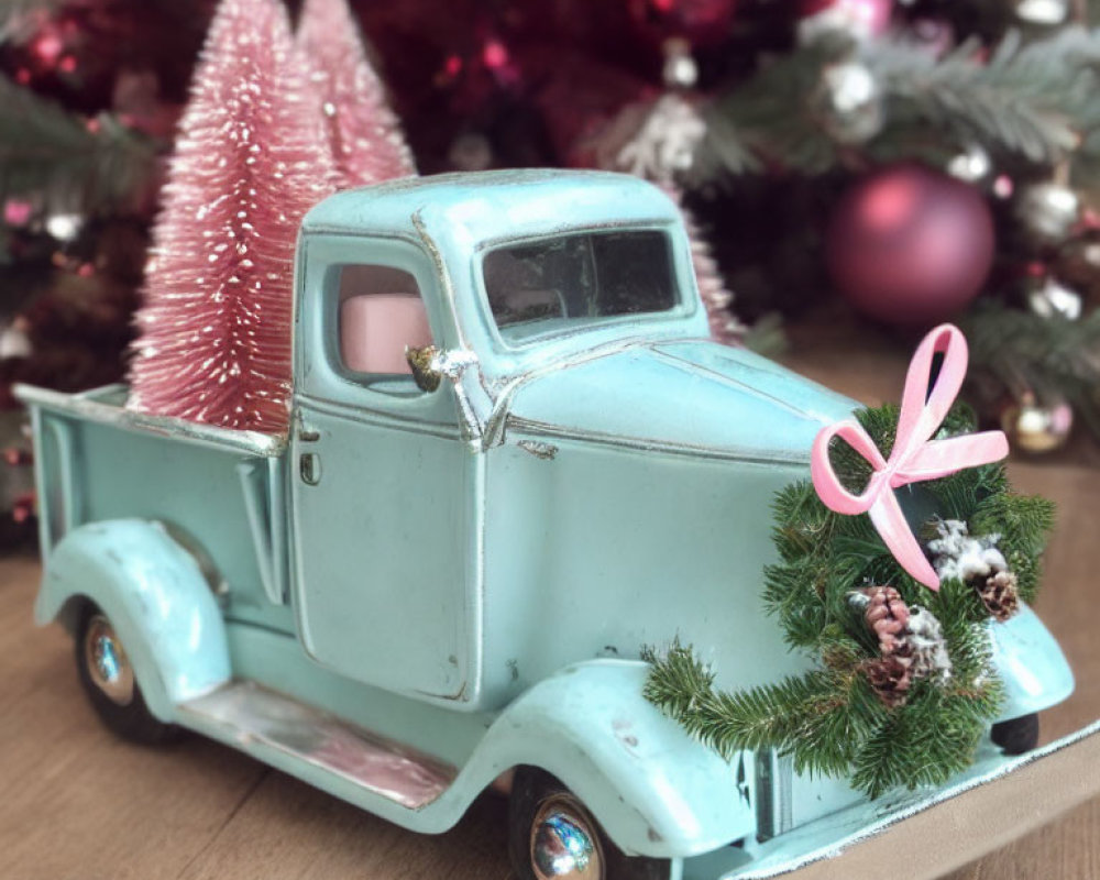 Vintage Light Blue Toy Pickup Truck with Christmas Wreath and Pink Ribbon among Pink Trees