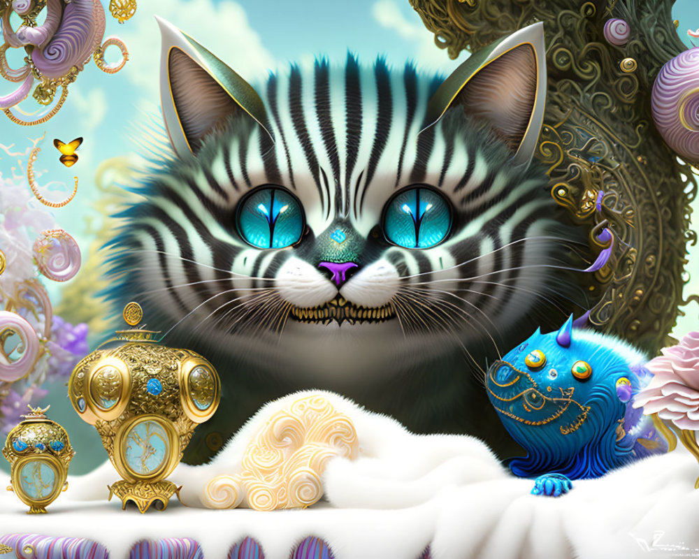 Whimsical digital artwork: Large-eyed striped cat in fantastical setting