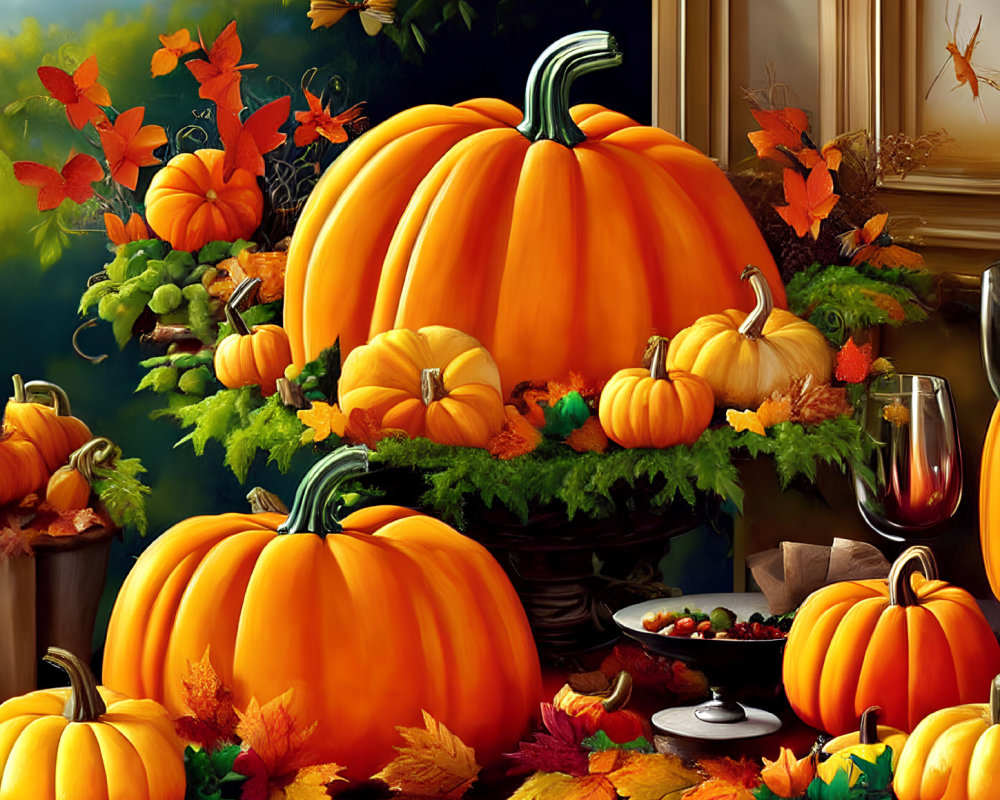 Autumn-themed table setting with pumpkins, leaves, grapes, and wine