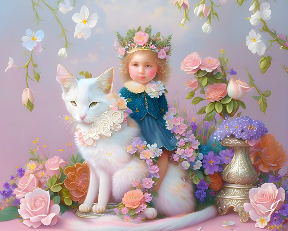 Illustration of small child with floral crown on giant white cat in pastel colors