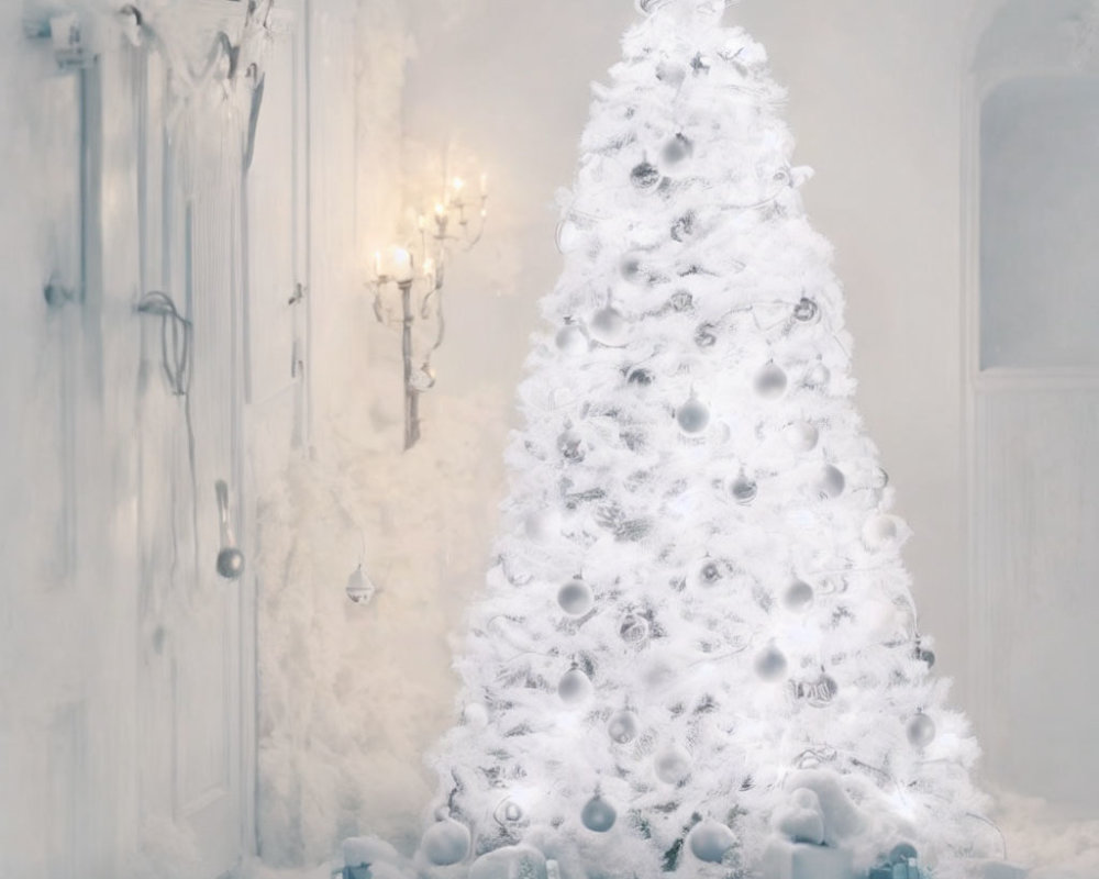 Elegant White Christmas Tree with Silver Ornaments and Gifts in Snowy Room