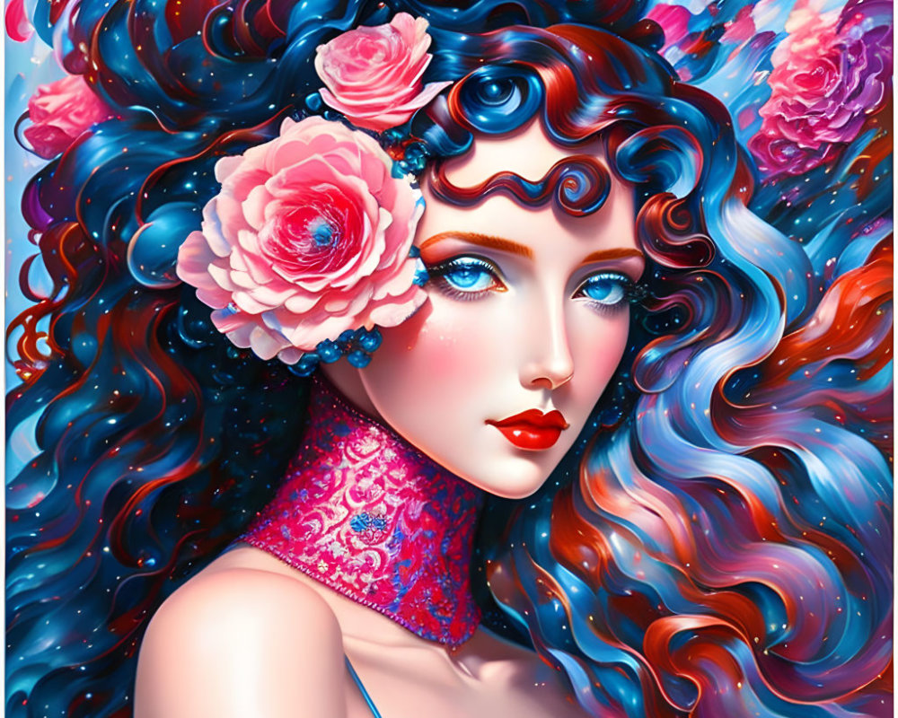 Detailed illustration of woman with blue curls, pink roses, red lips, and blue choker