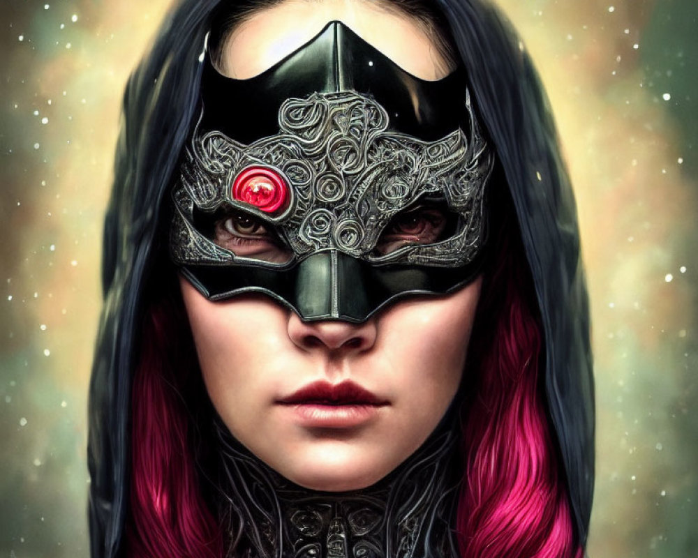 Person with Pink Hair Wearing Black Mask Against Starry Background