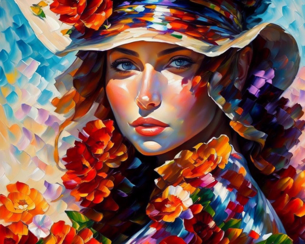 Vivid Impressionistic Painting of Woman with Blue Eyes and Hat among Red-Orange Flowers