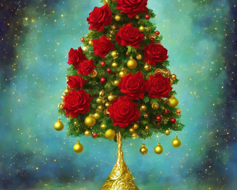 Red Rose Christmas Tree with Gold Ornaments on Blue Background