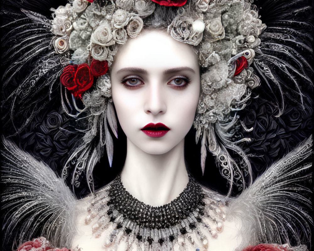 Pale woman in dark lipstick and lavish headpiece with roses and feathers.