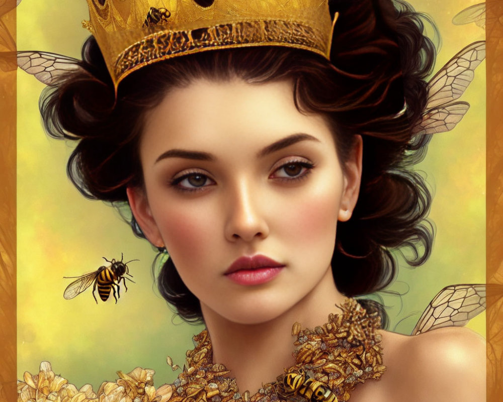 Digital Artwork: Woman with Crown and Bees, Golden Honeycomb Jewelry