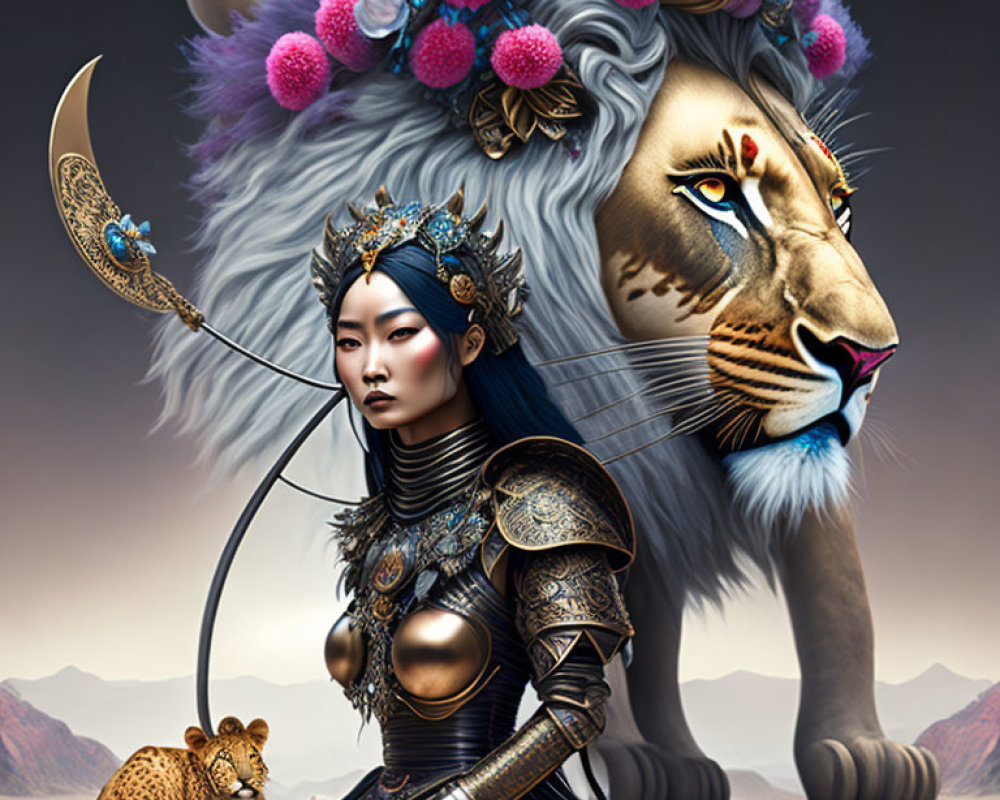 Warrior woman in ornate armor with lion and leopard in desert scene