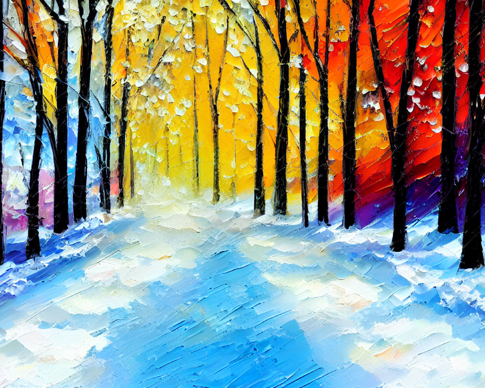 Vibrant snowy path painting with colorful trees in transition