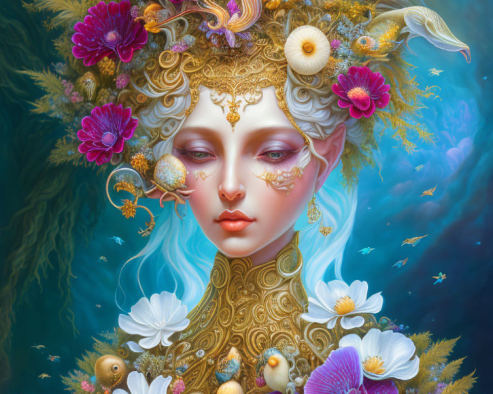 Fantastical portrait of female figure with gold adornments and vibrant nature elements