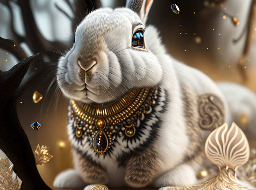 Intricate Rabbit Art with Bejeweled Necklace and Golden Foliage