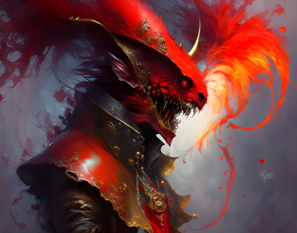 Red and Black Dragon in Ornate Armor Breathing Fire