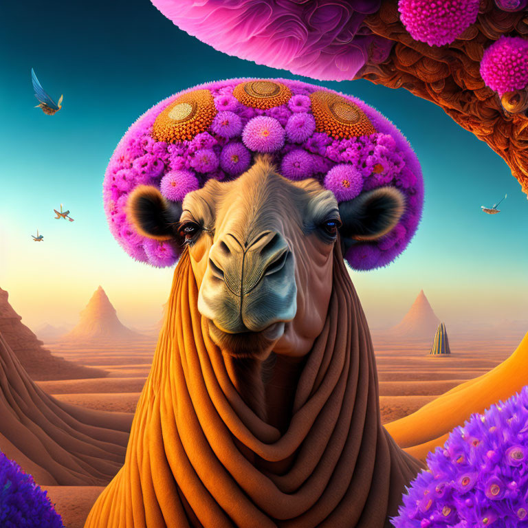 Colorful desert landscape with whimsical camel wearing flower hat