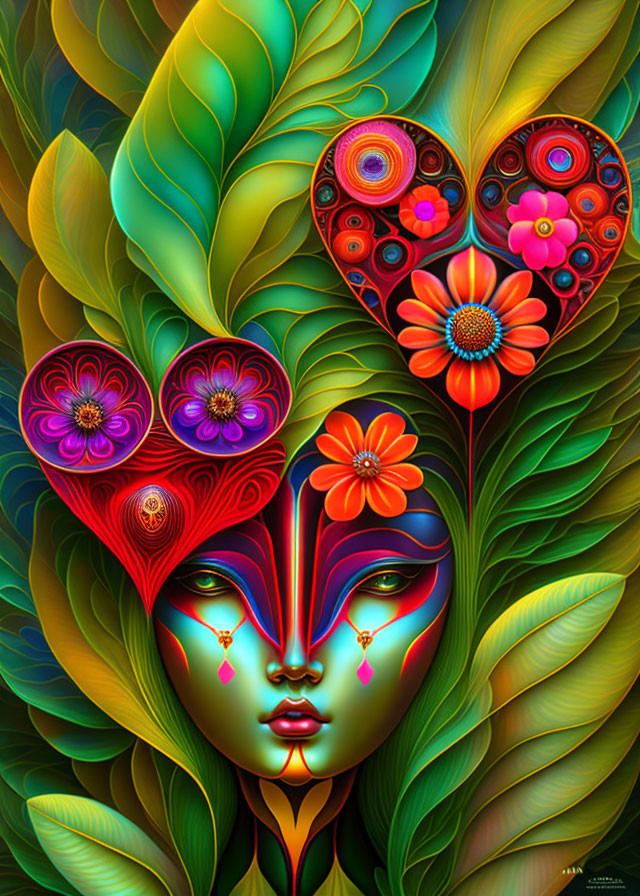 Colorful Stylized Face Illustration with Flora and Heart-Shaped Features