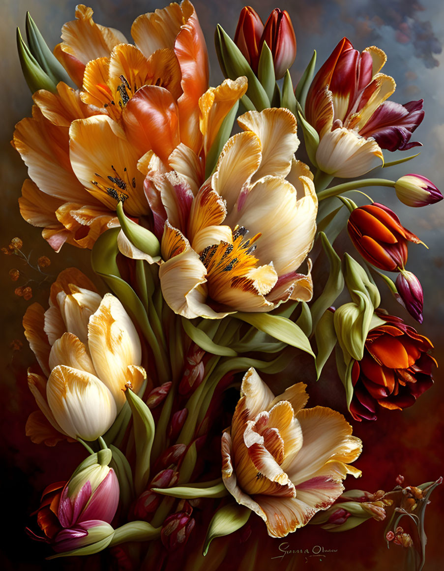 Vibrant tulip bouquet with orange, yellow, and burgundy hues on dark background