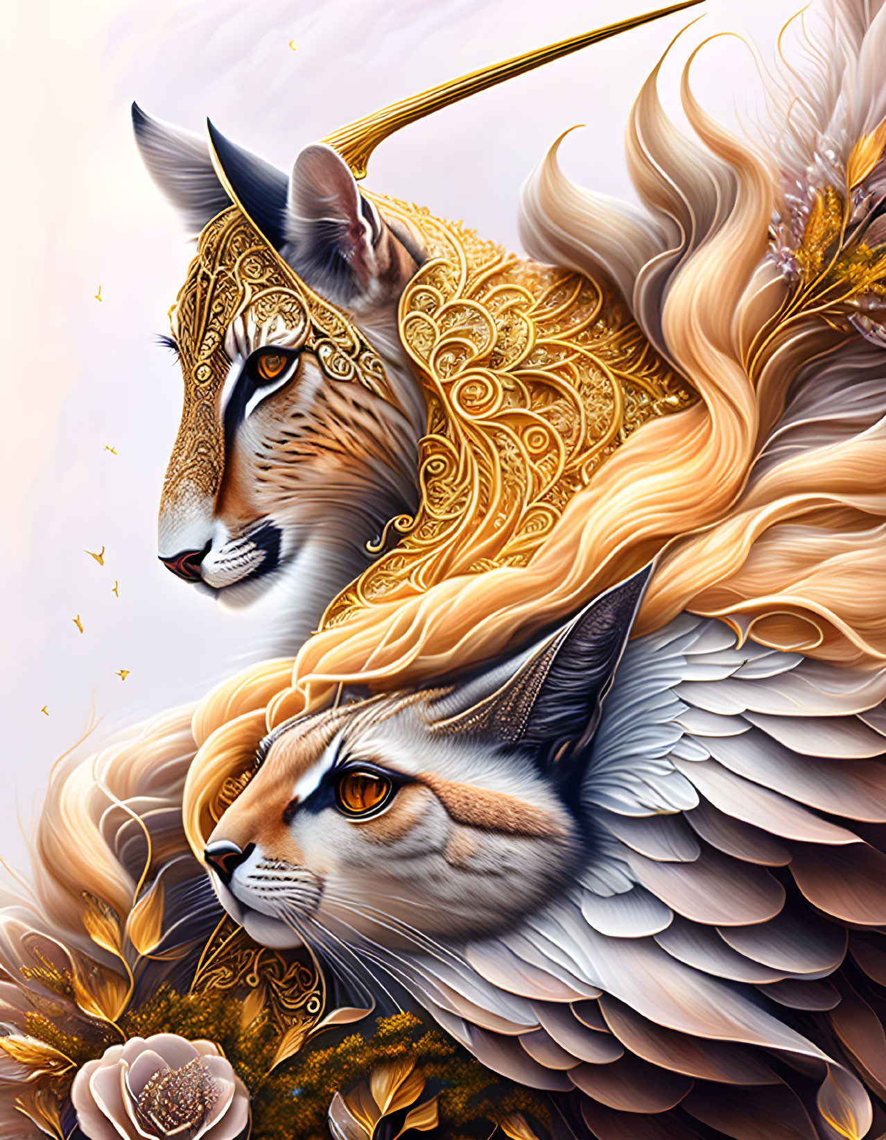 Digital artwork featuring majestic cats with gold adornments, one resembling a lynx and the other with angel