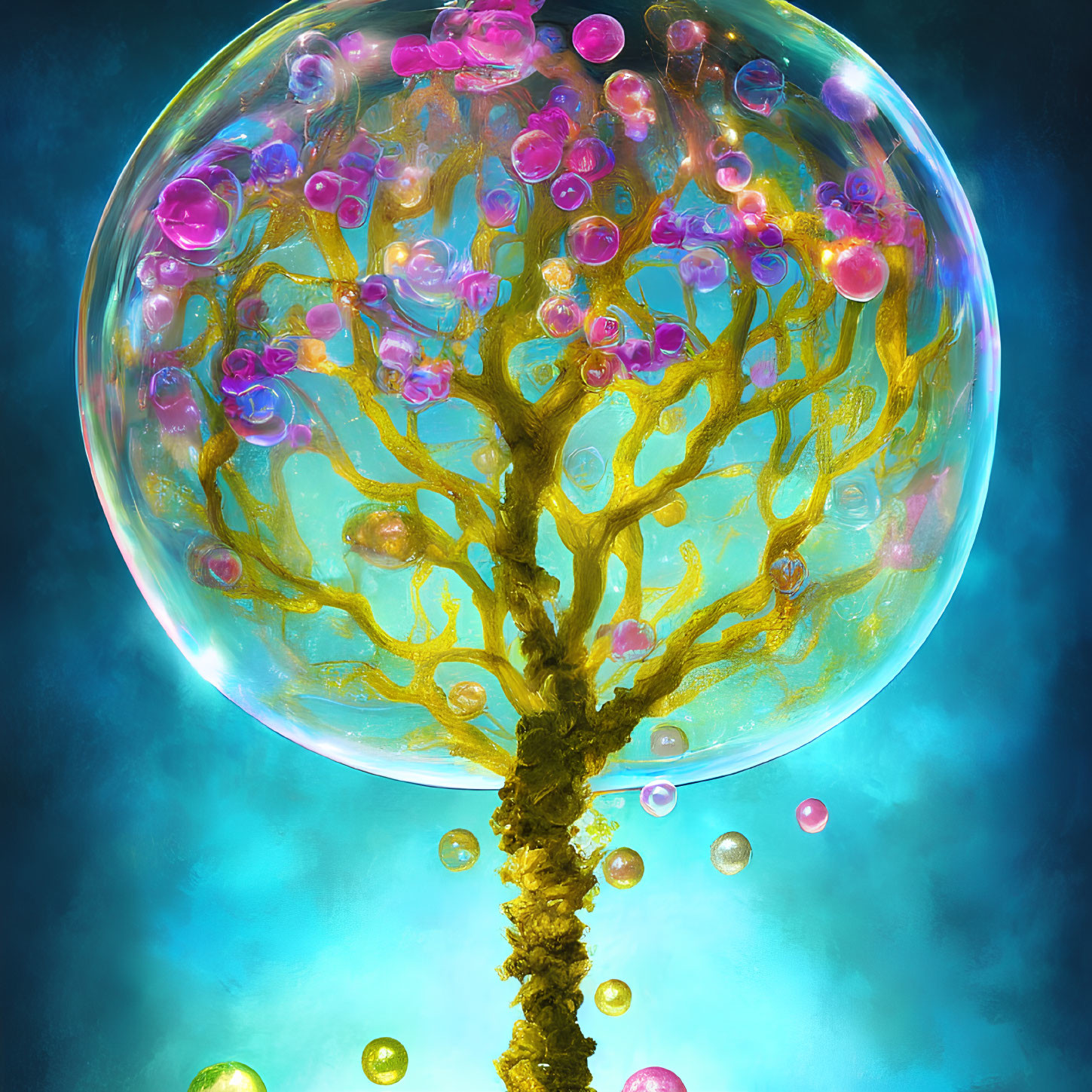 Golden Branches Tree in Translucent Bubble Surrounded by Smaller Bubbles on Blue Background