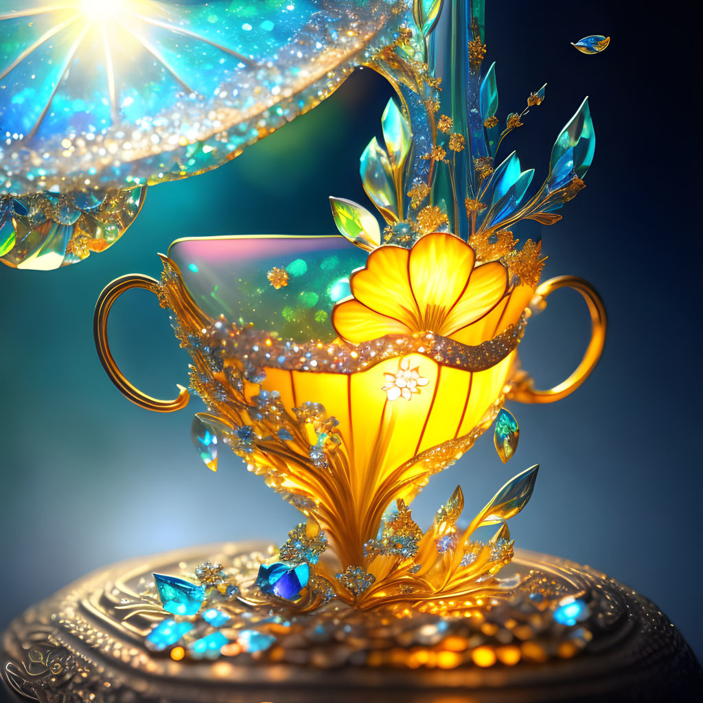 Golden cup with jewels and butterfly spilling liquid on ornate stand in blue setting