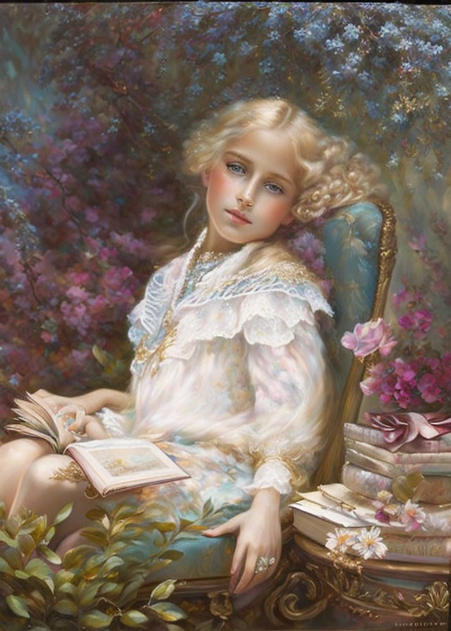 Portrait of young girl with curly hair holding book on golden chair among flowers.