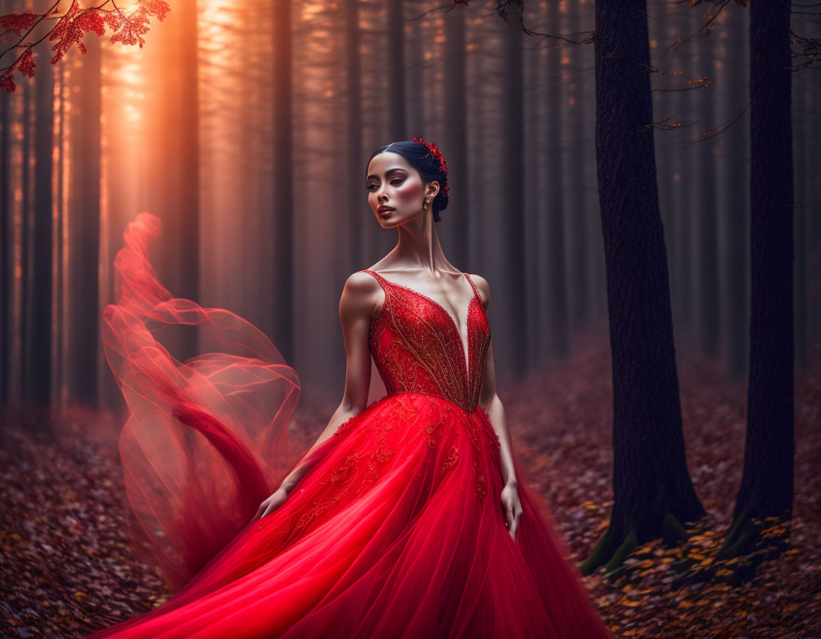 Woman in Red Dress in Mystical Forest with Sunbeams