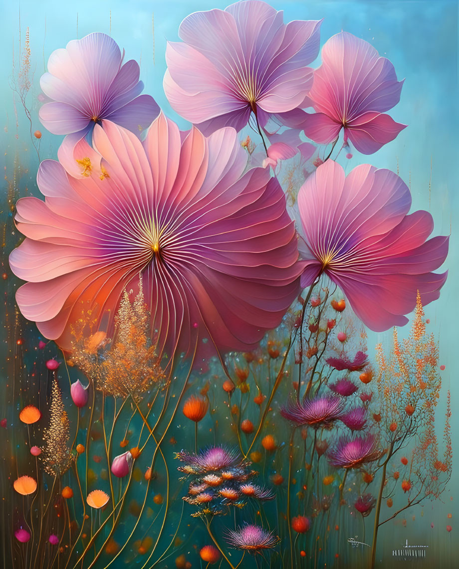 Colorful digital artwork: Oversized pink and purple flowers on soft blue backdrop with smaller orange flowers.