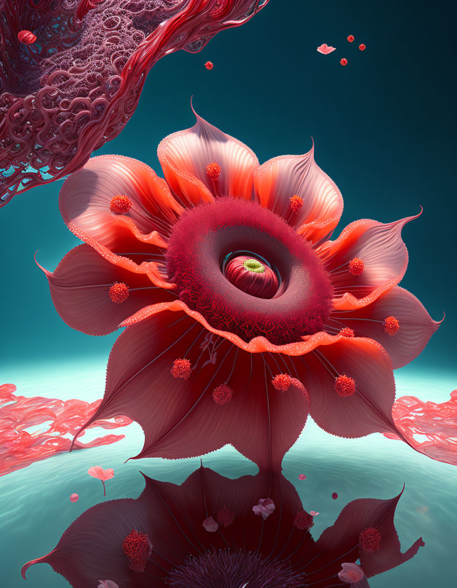 Surreal red flower with central eye in abstract teal background