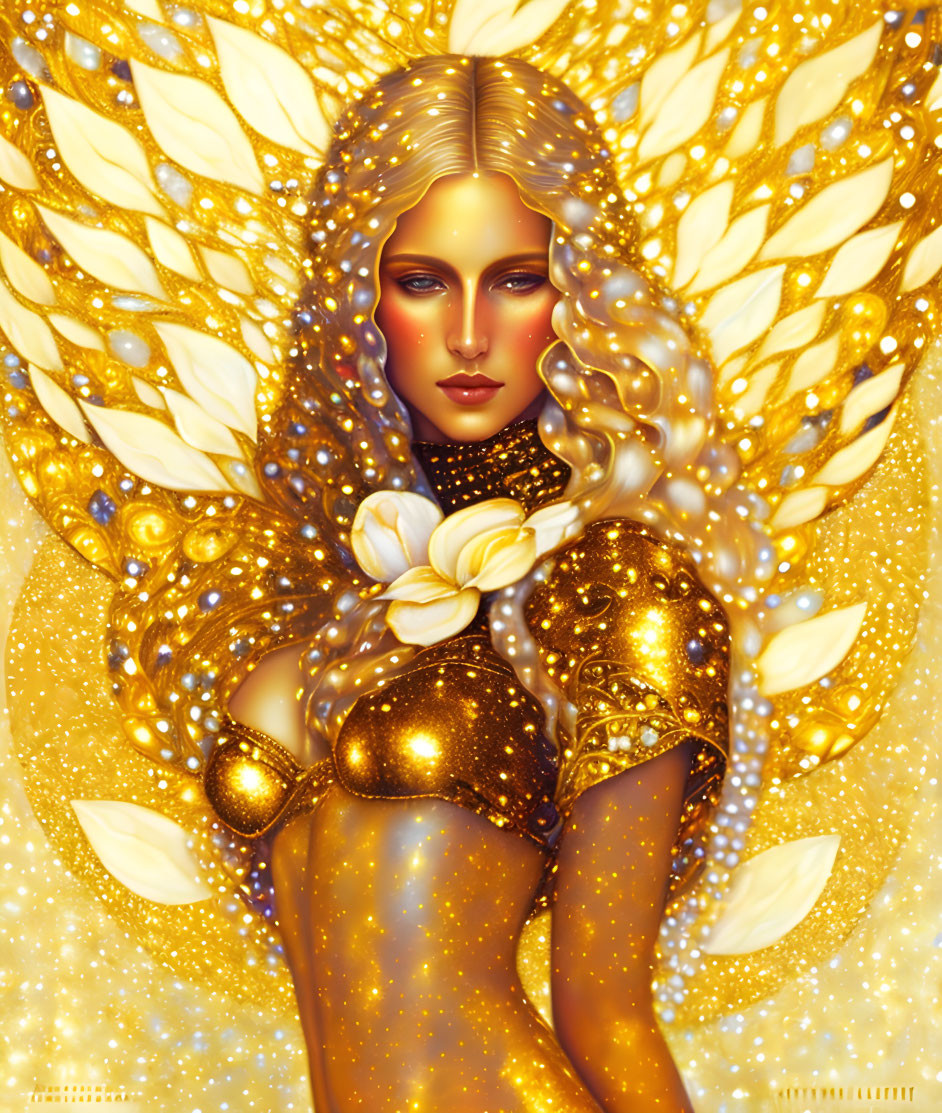 Golden-skinned woman with ornate wings, gold armor, and white flower