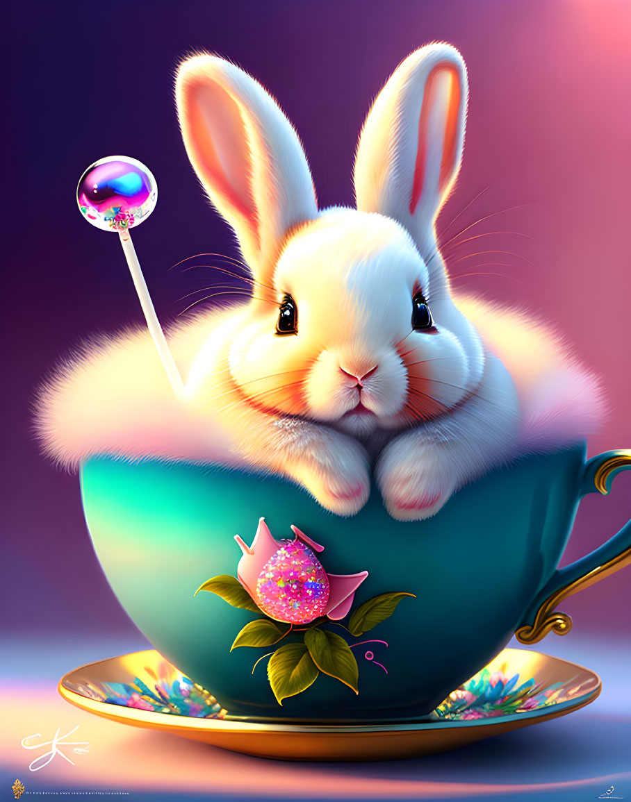 Fluffy white rabbit in teal teacup with lollipop and orb