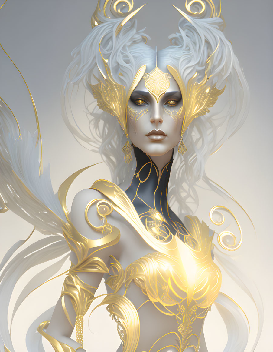 Ethereal figure in golden mask and armor with white hair on soft background