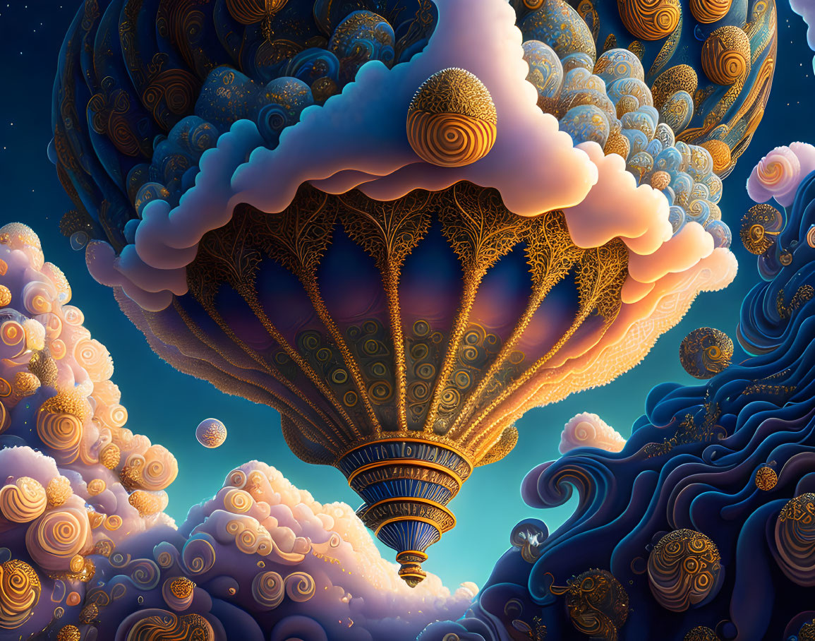 Whimsical hot air balloon artwork with intricate patterns in dream-like sky