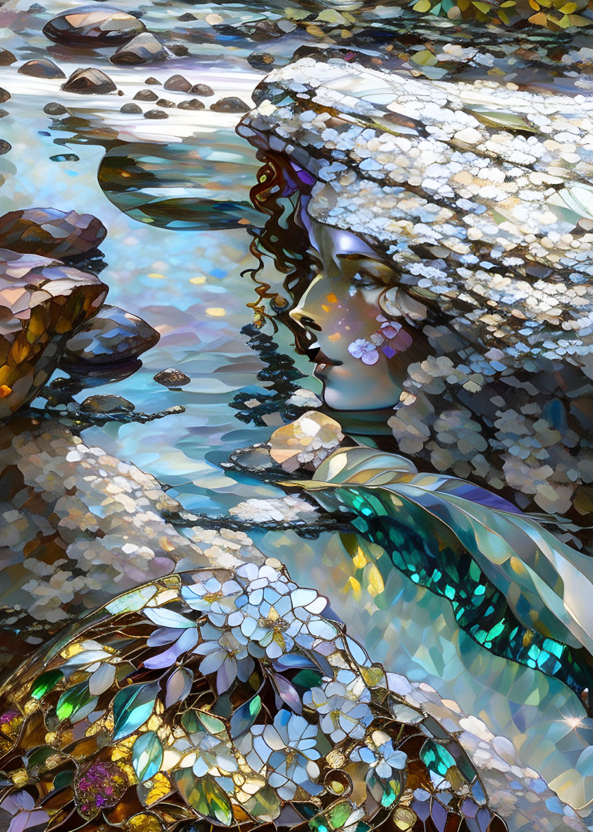 Surreal illustration of woman merged with water and rocks and adorned with iridescent scales and patterns