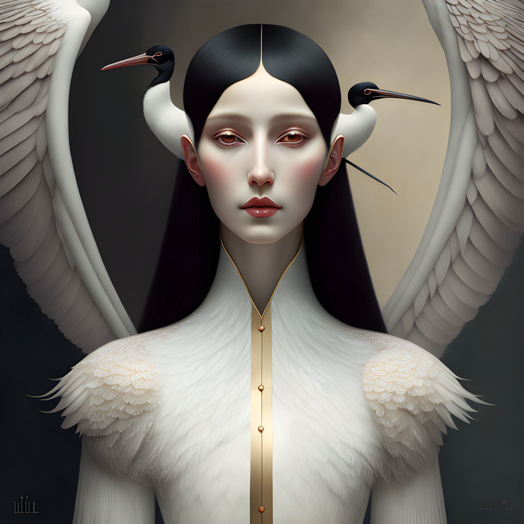 Surreal portrait of woman with cranes on shoulders and stylized wings