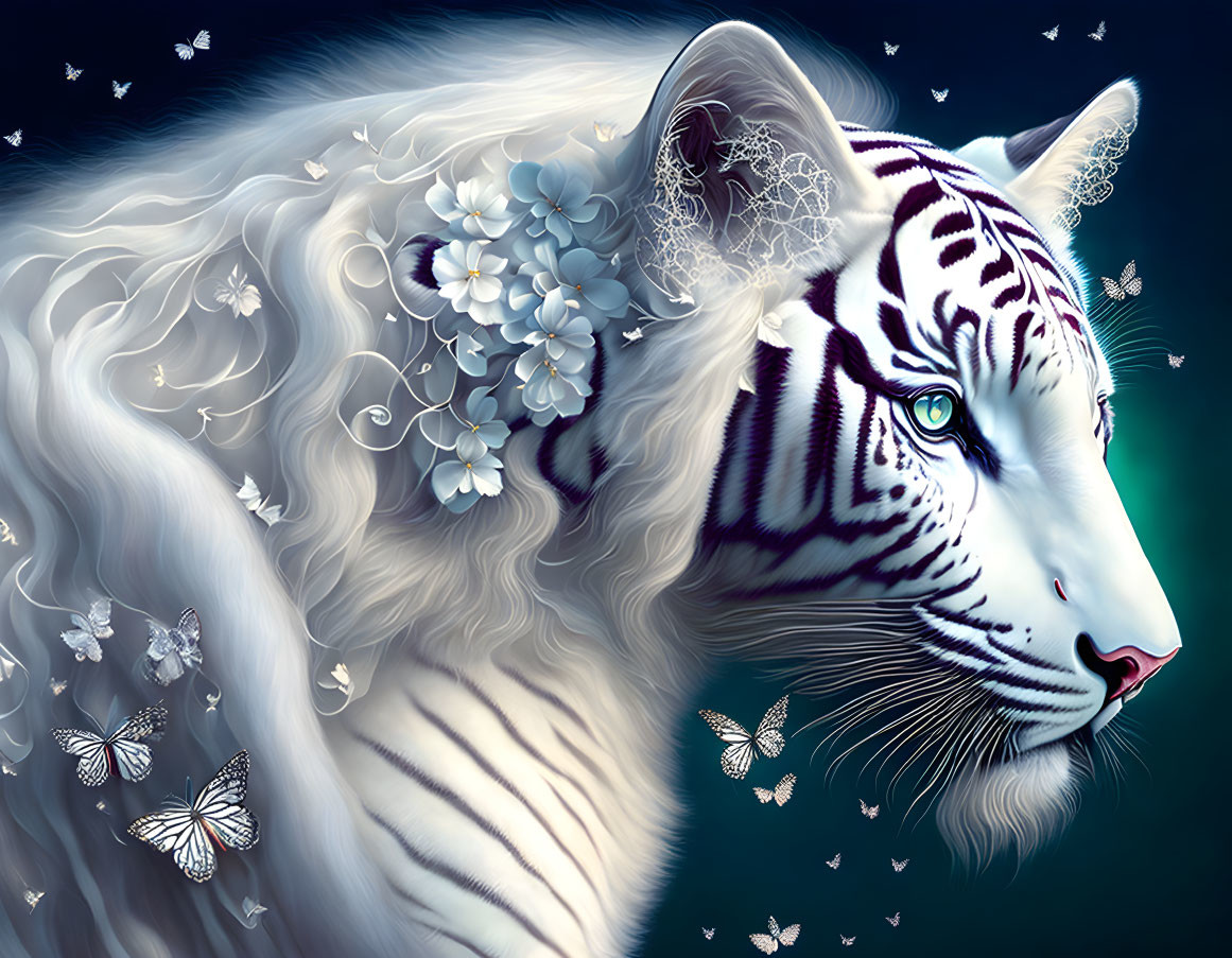Majestic white tiger digital art with blue eyes, white flowers, and butterflies on dark background