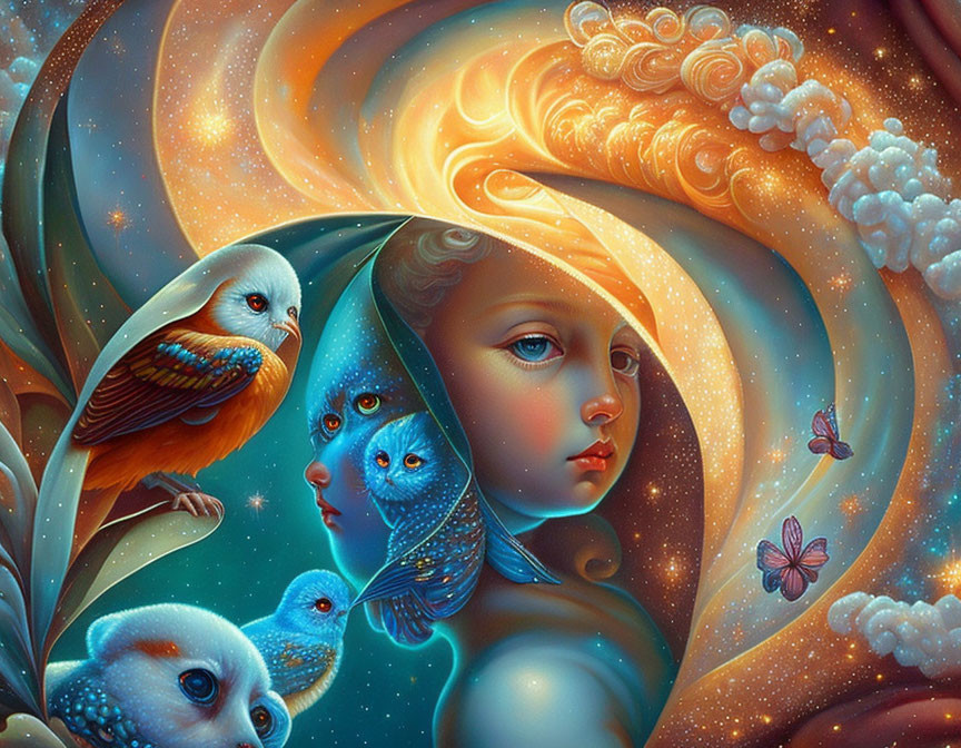 Colorful surreal cosmic-themed woman's face with birds and butterflies in swirling patterns