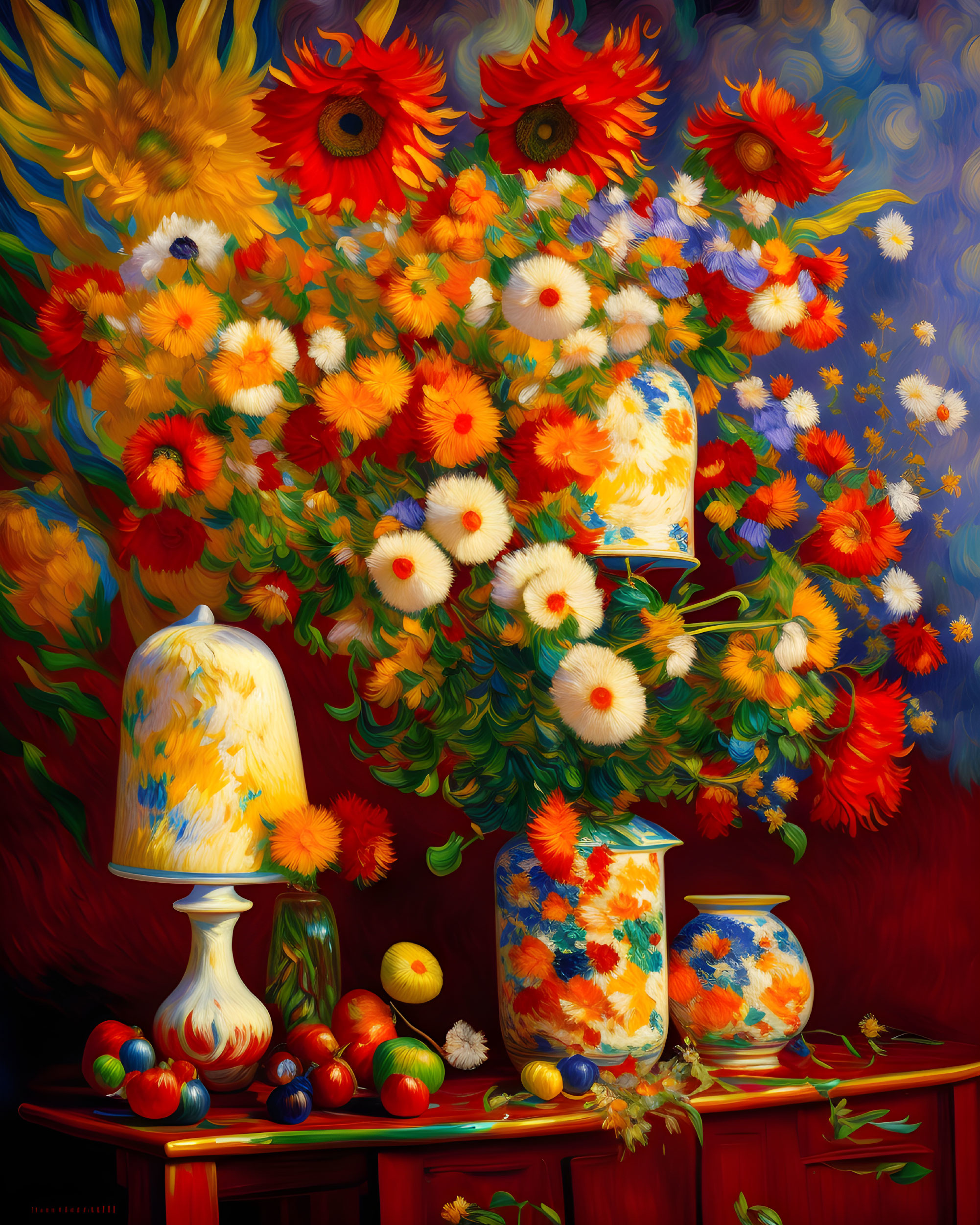 Colorful Flower Still Life Painting with Fruit and Lamp on Red Table