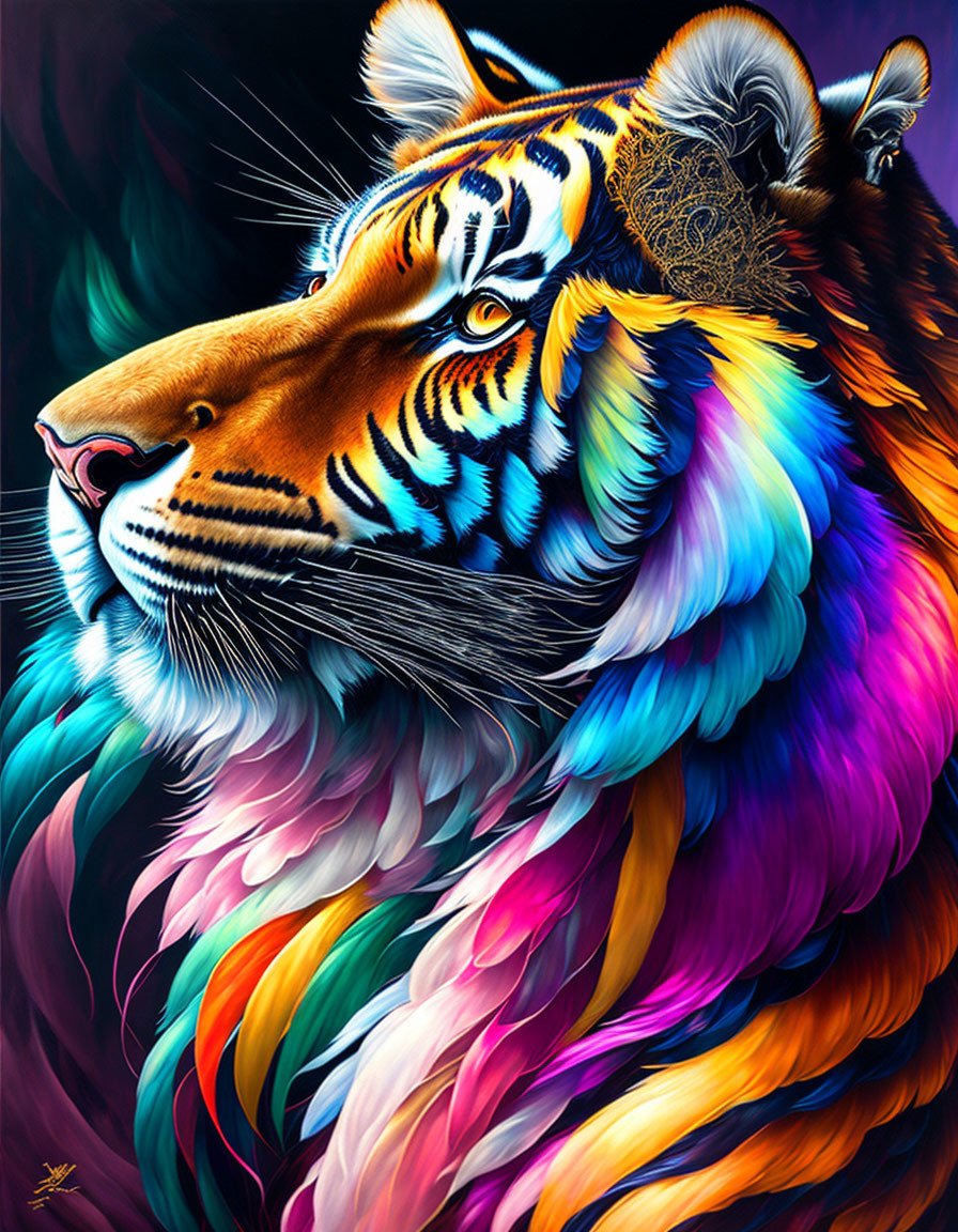 Colorful Tiger Illustration with Realism and Psychedelic Touch