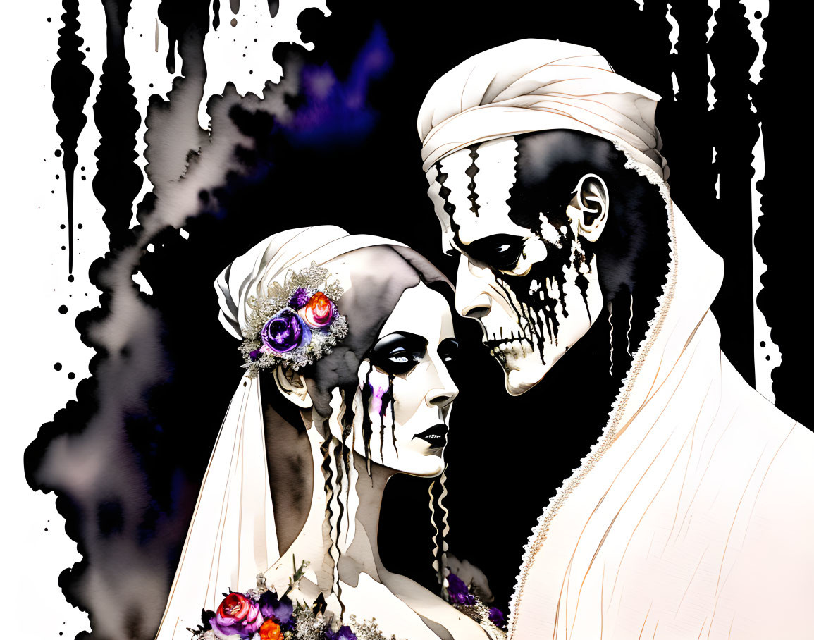 Gothic wedding couple with skull face and floral crown in ink background