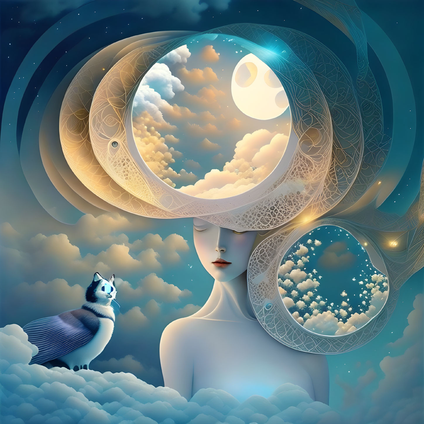 Illustration of woman with closed eyes, moon, clouds, and fox.