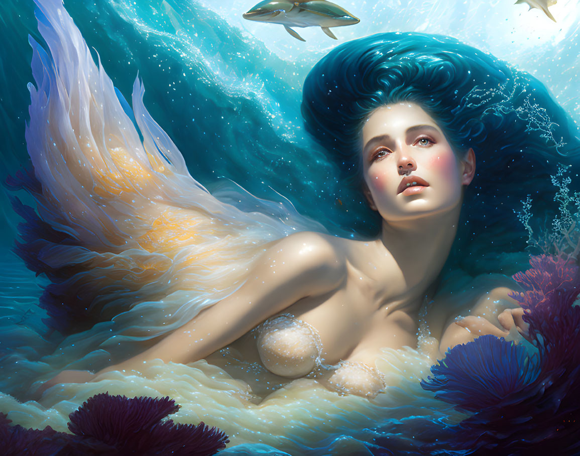 Blue-haired mermaid with golden tail among coral and fish