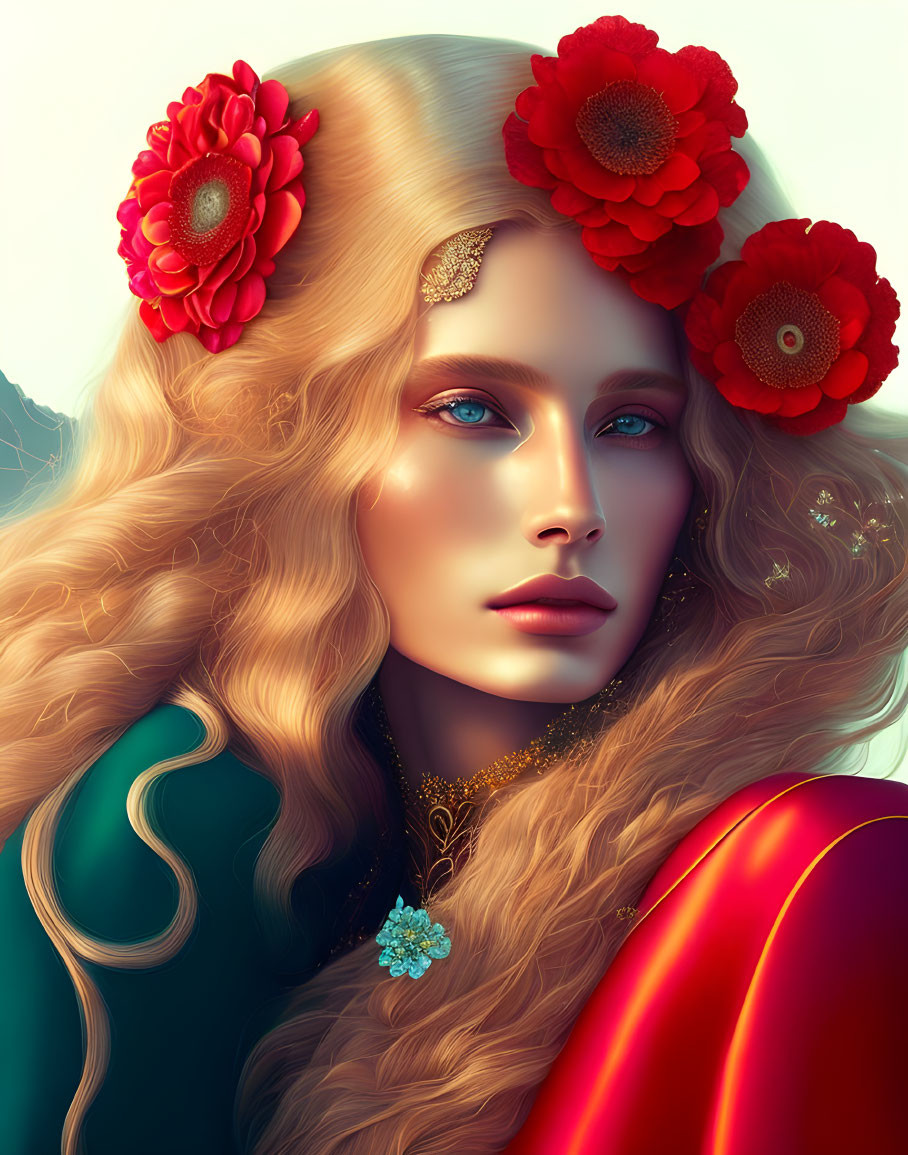Woman with flowing golden hair and red flower adornments in red and teal attire with gold jewelry.