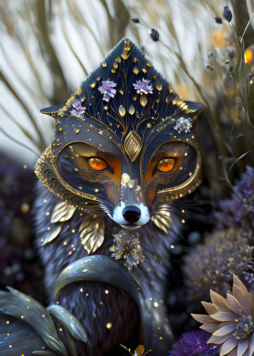 Mystical fox illustration with golden accents and amber eyes among purple and blue flowers