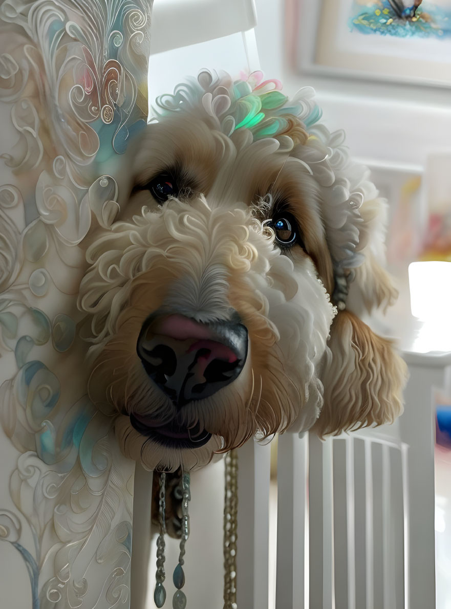 Fluffy dog peeking through decorative cutout screen