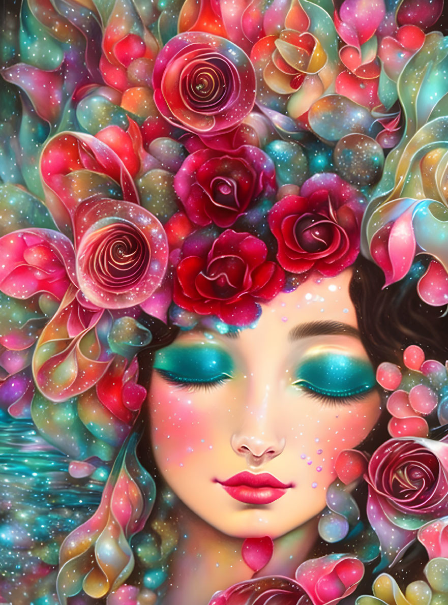 Colorful digital artwork: Woman's face with roses and bubbles