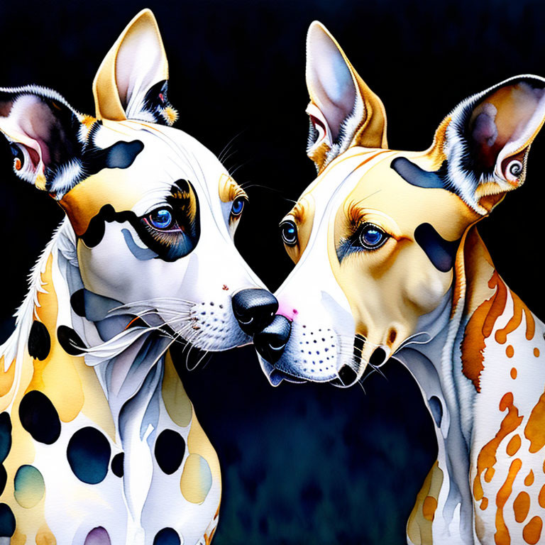 Stylized colorful dogs with spotted patterns on dark background