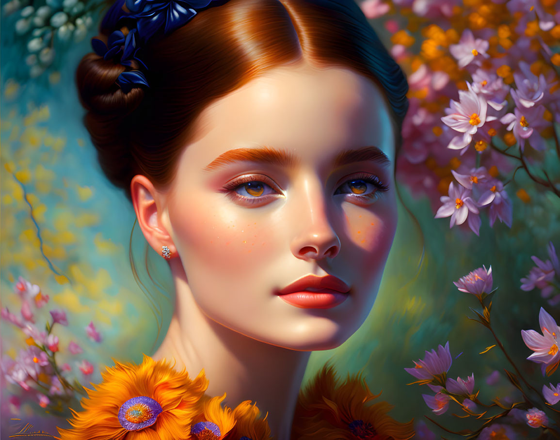Serene young woman digital portrait with floral adornments