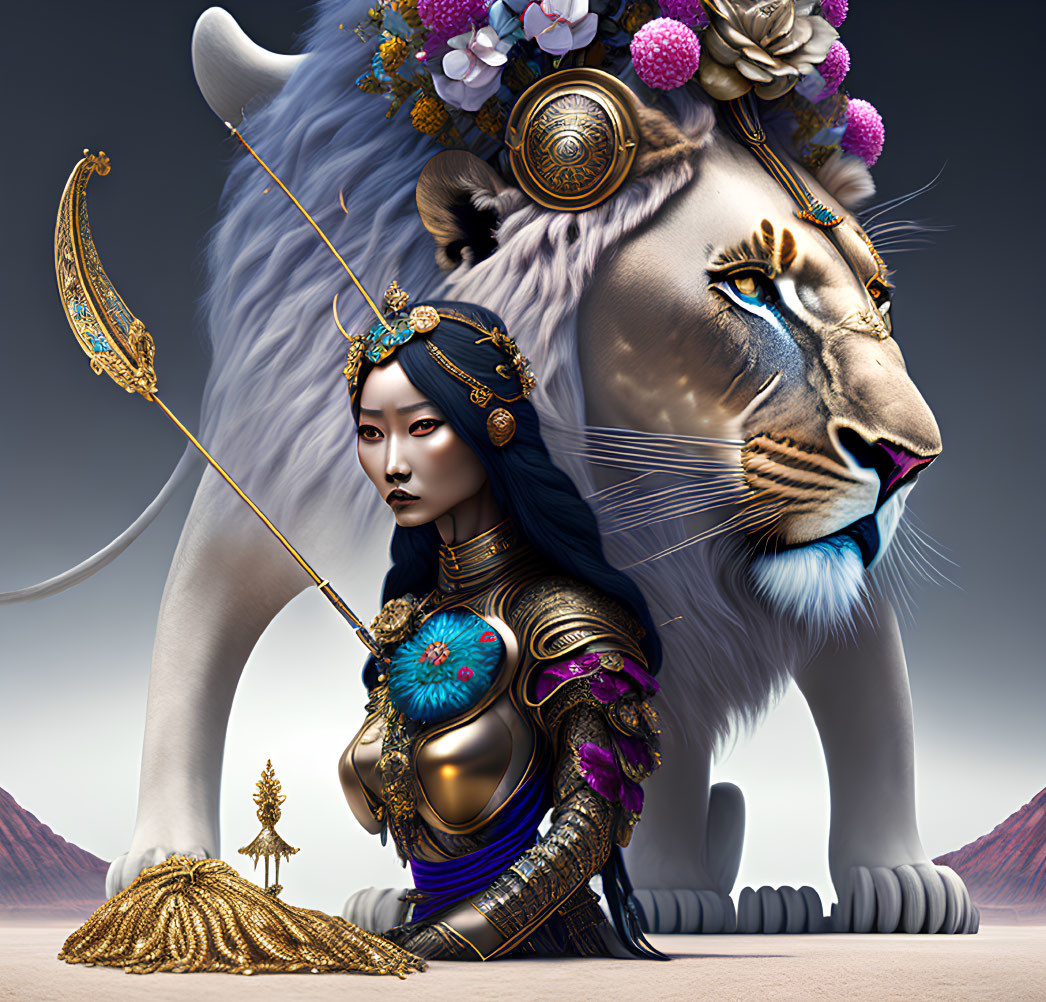 Digital artwork: Woman merged with lion in armor and florals on desert backdrop