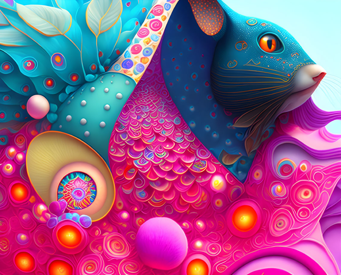 Colorful digital artwork: Fantastical creature with fish-like features and peacock feather backdrop