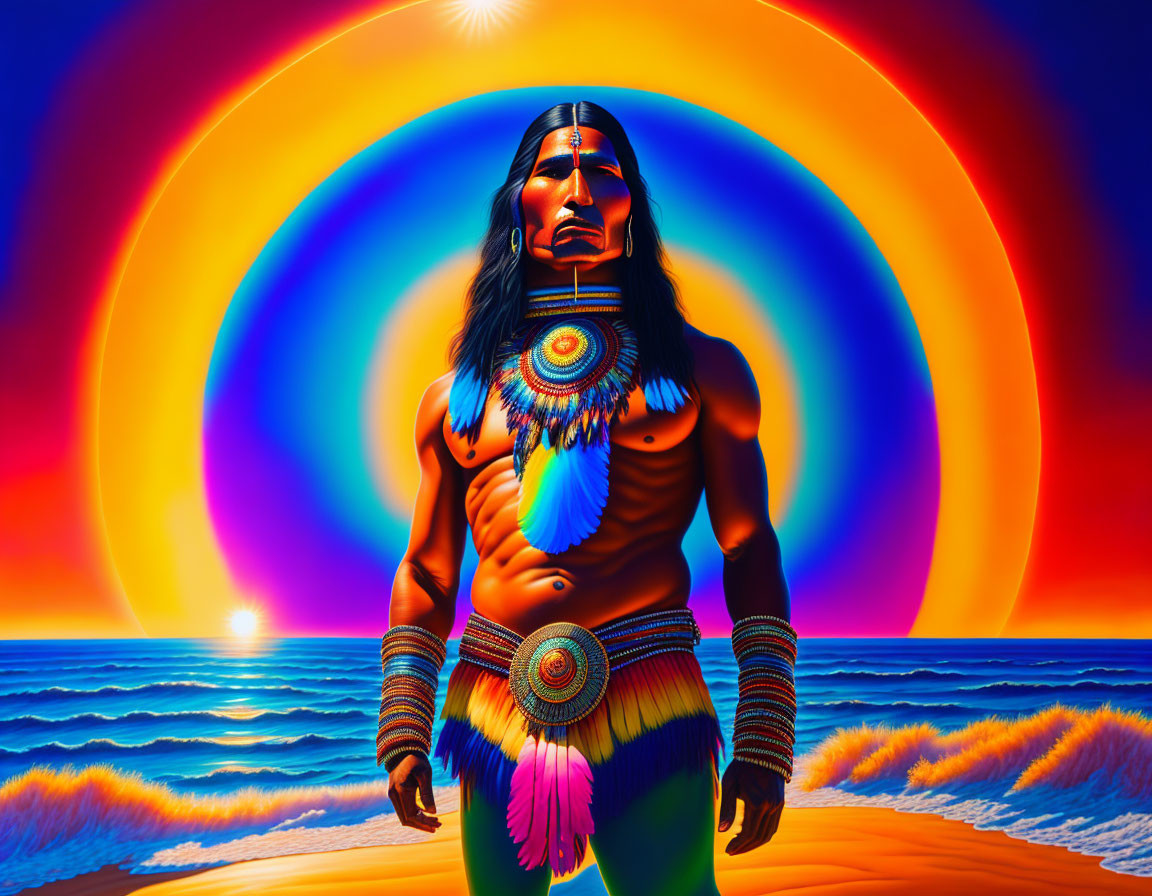 Colorful Native American man illustration on beach at sunset