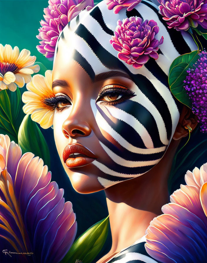 Portrait of Woman with Zebra-Patterned Mask and Vibrant Flowers